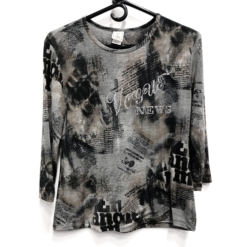 Jess & Jane Art To Wear Top Womens Small Grey Vogue News Rhinestone Casual